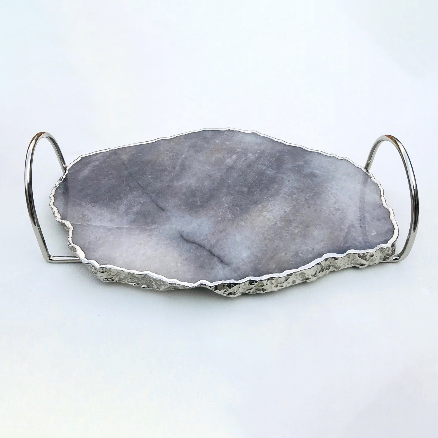 Grey Agate Quartz Serving Tray With Silver Finish  Loop Handles-3