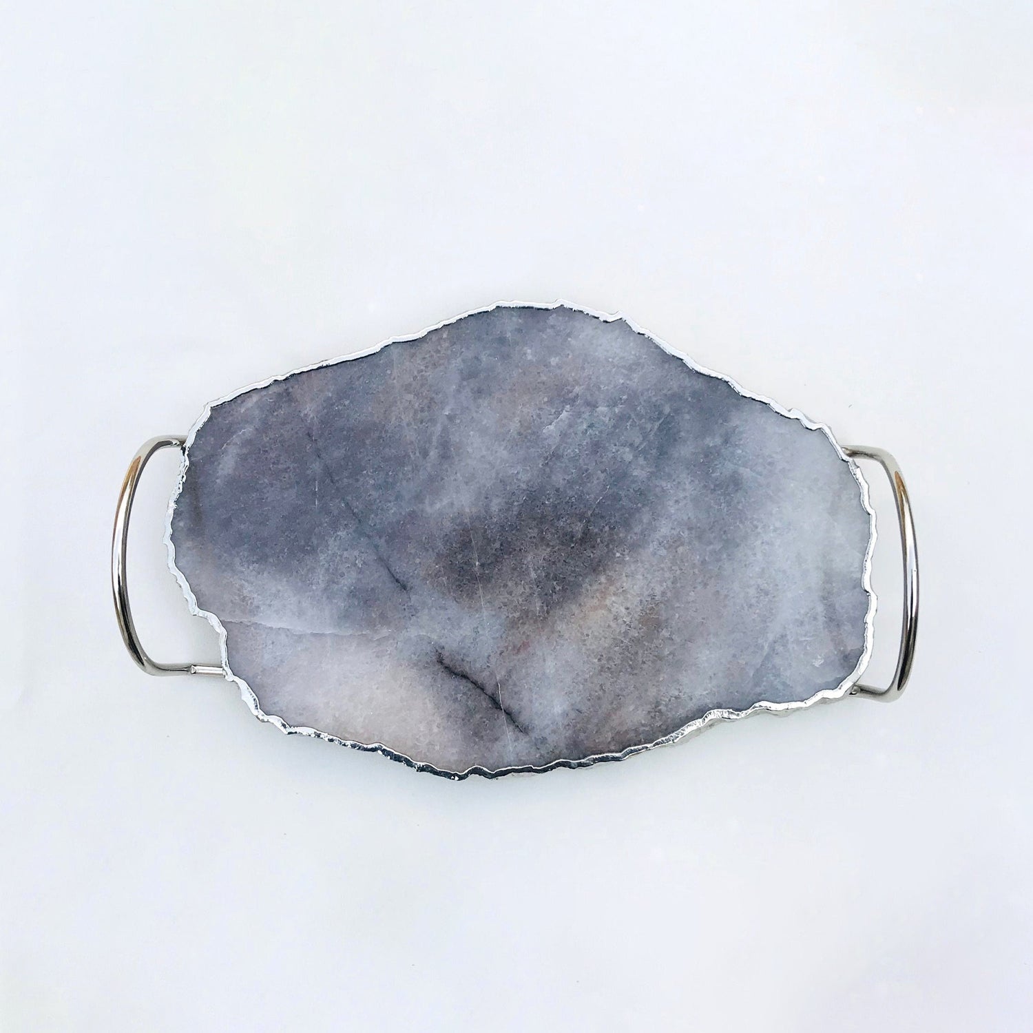 Grey Agate Quartz Serving Tray With Silver Finish  Loop Handles-2