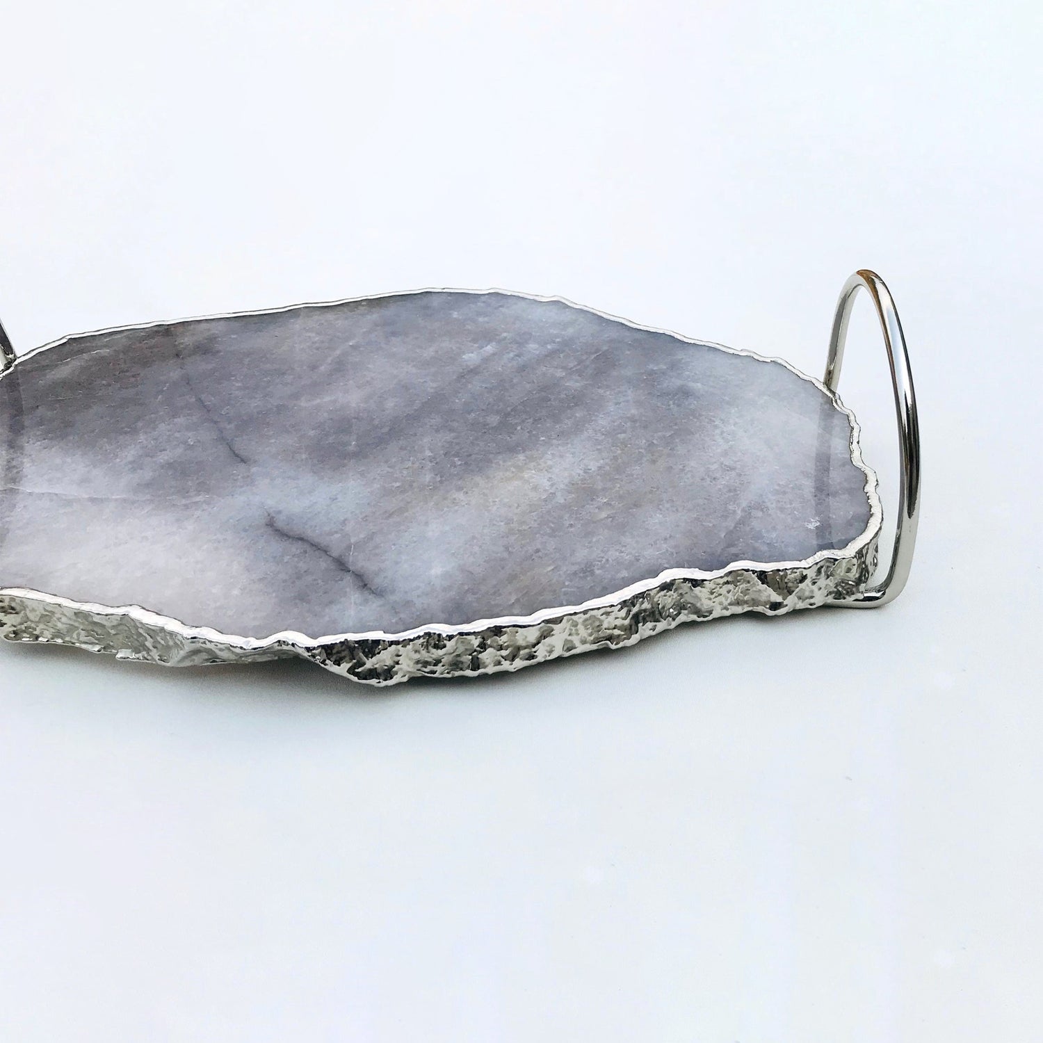Grey Agate Quartz Serving Tray With Silver Finish  Loop Handles-4