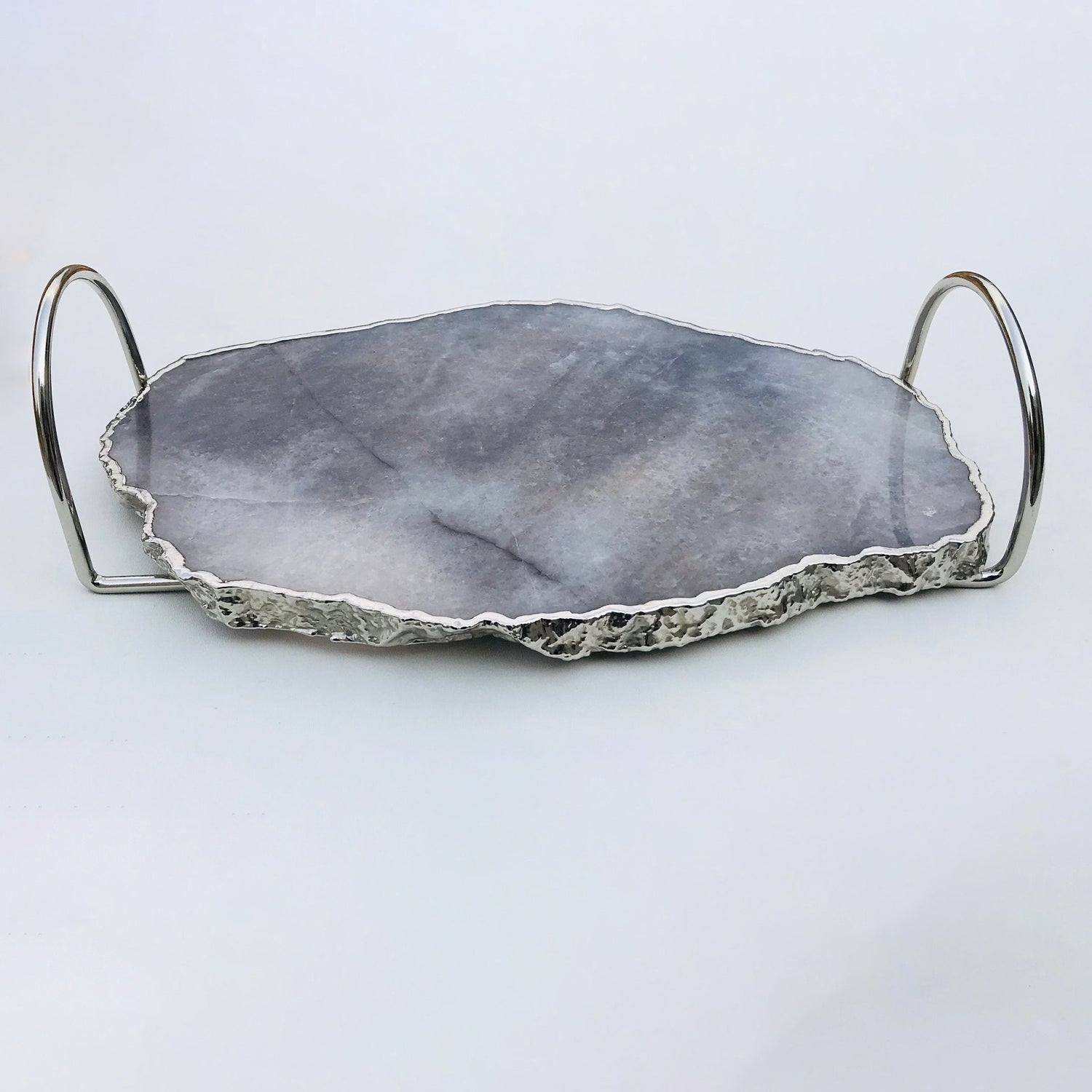 Grey Agate Quartz Serving Tray With Silver Finish  Loop Handles-0