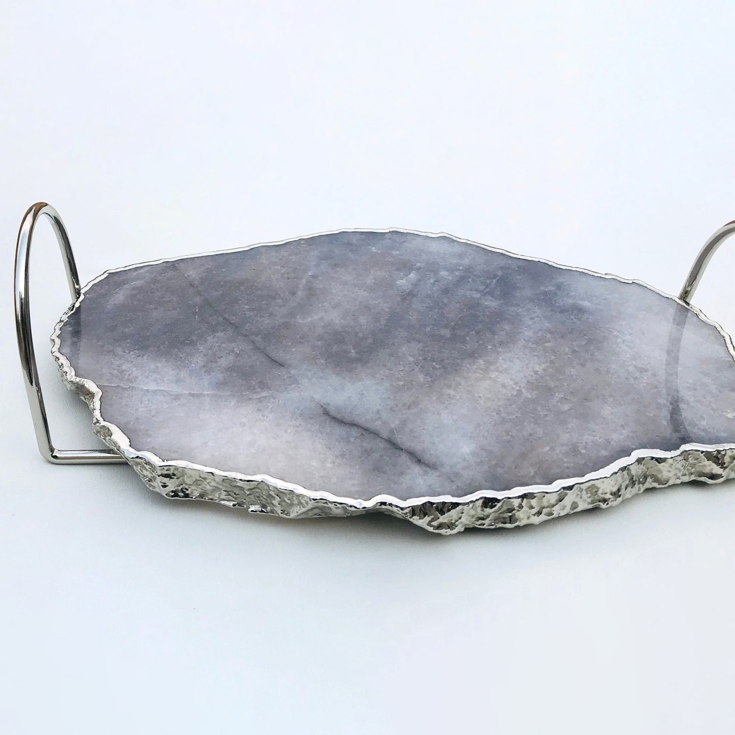 Grey Agate Quartz Serving Tray With Silver Finish  Loop Handles-1